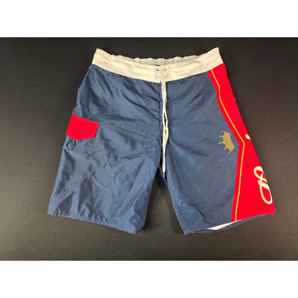 Budweiser Mens Board Shorts Navy Blue Red Logo Swim Trunks Size 35